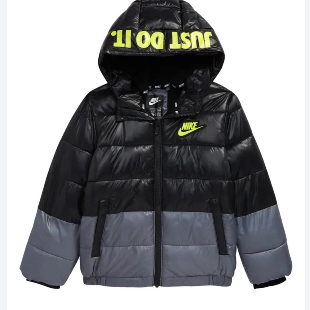 Nike Kids Black and Gray Puffer Jacket with Neon Accents